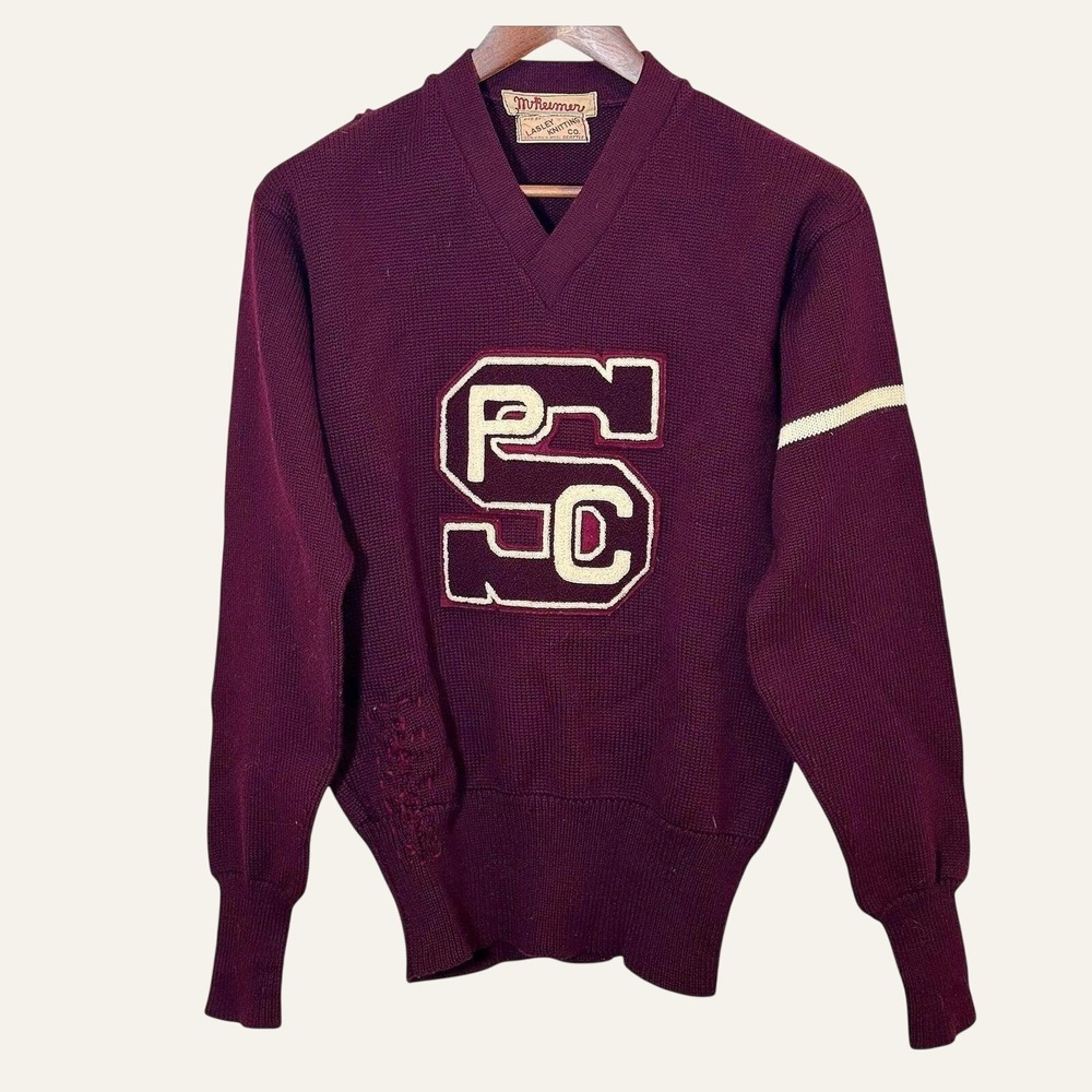 Vintage 50s Letterman Sweater 100% Virgin Wool Burgundy Chenille USA Men's M - Picture 2 of 8